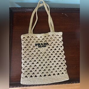 Prada Beige Crochet Net Tote with Black Logo